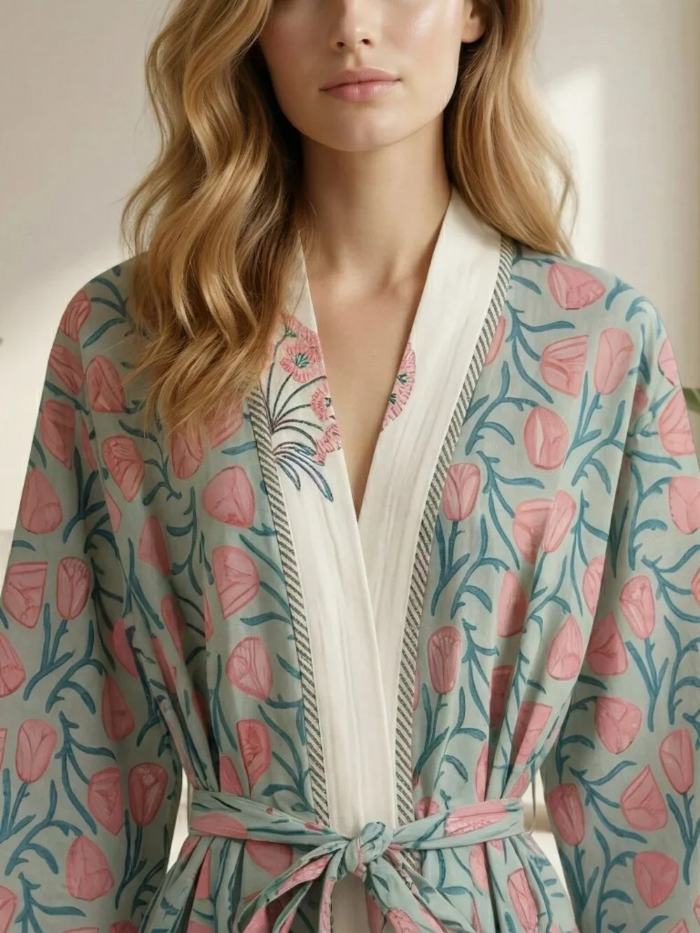 Reversible Cotton Kimono Robe, Hand Block Print Bathrobe, Floral Quilted for Her